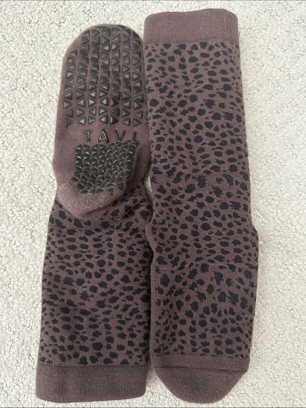Tavi Brown Leopard Grip Crew Socks - Women's Non-Slip Cozy Socks